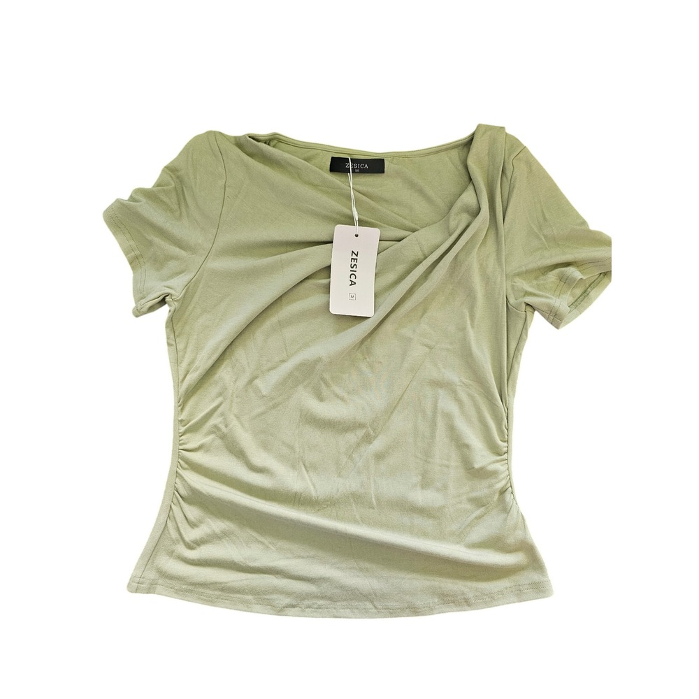 Zesica Ruched Top Womens Medium Sage Green NWT Draped Neck Short Sleeve Fitted